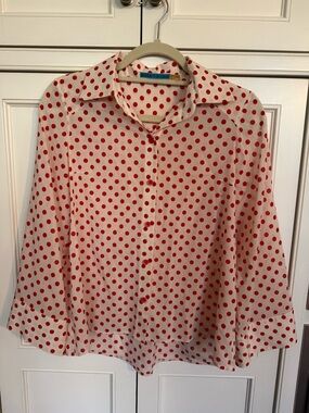 Alice + Olivia Button-Up Blouse in Cream with Red Polka Dots